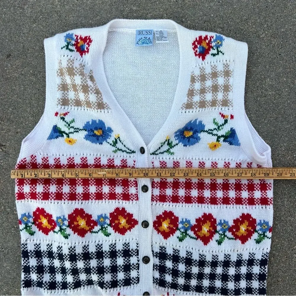 Vintage 90s Russ White Primary Color Floral Knit Herringbone Check Sweater Vest